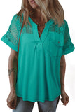 Sea Green Lace Patchwork Split Neck Textured Short Sleeve Blouse