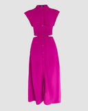 Floral Print Stand Collar Sleeveless Button Down Casual Dress Cutout Elastic Waist Back Maxi Dress