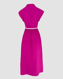 Floral Print Stand Collar Sleeveless Button Down Casual Dress Cutout Elastic Waist Back Maxi Dress