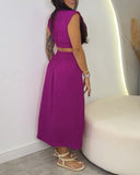 Floral Print Stand Collar Sleeveless Button Down Casual Dress Cutout Elastic Waist Back Maxi Dress