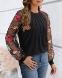 Floral Pattern Embroidery Sheer Mesh Ruched Lantern Sleeve Blouse Elegant Top