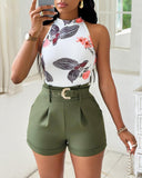 Floral Print Basic Tank Top & Shorts Set With Belt