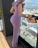 V Neck Scallop Trim Sleeve Lace Patchwork Bow Tie Waist Jumpsuit Casual Seam Front Zipper Back Wide Leg Jumpsuit