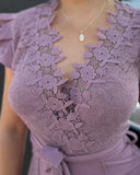 V Neck Scallop Trim Sleeve Lace Patchwork Bow Tie Waist Jumpsuit Casual Seam Front Zipper Back Wide Leg Jumpsuit