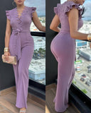 V Neck Scallop Trim Sleeve Lace Patchwork Bow Tie Waist Jumpsuit Casual Seam Front Zipper Back Wide Leg Jumpsuit