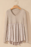 Smoke Gray Textured Long Sleeve V Neck Babydoll Top