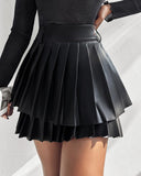 PU Leather Above Knee High Waist Pleated Skirt Casual Skirt