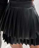 PU Leather Above Knee High Waist Pleated Skirt Casual Skirt