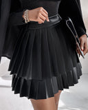 PU Leather Above Knee High Waist Pleated Skirt Casual Skirt