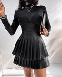 PU Leather Above Knee High Waist Pleated Skirt Casual Skirt