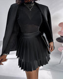 PU Leather Above Knee High Waist Pleated Skirt Casual Skirt