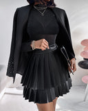 PU Leather Above Knee High Waist Pleated Skirt Casual Skirt