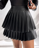 PU Leather Above Knee High Waist Pleated Skirt Casual Skirt