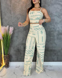 2 Pieces Outfit Geometric Print Spaghetti Strap Tied Detail Tank and Casual Wide Leg Pants Set