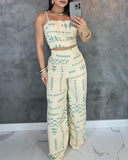 2 Pieces Outfit Geometric Print Spaghetti Strap Tied Detail Tank and Casual Wide Leg Pants Set
