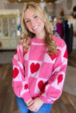 Pink Love Heart Checkered Valentine Crew Neck Sweater