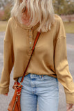 Camel Textured Knit Half Button Drop Shoulder Oversized Top
