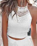 2 Pieces Outfits Contrast Lace Halter Sleeveless Knit Tank and Strechy Waist Drawstring Knit Shorts Set