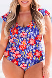 Blue Floral Print Ruffled V Neck High Waist One Piece Swimwear