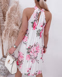 Floral Print Halter Casual Pleated Dress