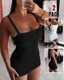 2PCS Bandeau Spaghetti Strap Sleeveless Bodycon Dress Sexy Slim Fit Mini Dress