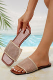 Beige Rhinestone Mesh Square Toe Flat Slippers