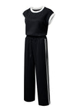 Black Cable Knit Contrast Trim Short Sleeve Top and Pants Set