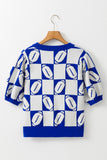 Dark Blue Rugby Plaid Color Block Puff Short Sleeve Sweater
