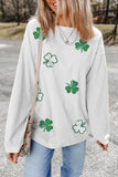 White Sequin Clover Patched Drop Shoulder Corded Sweatshirt