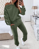 2PCS Skew Neck Buttoned Sweatshirt & Cuffed Pants Set