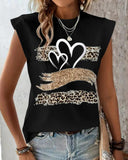 Leopard Print Heart Pattern Cap Sleeve T Shirt Casual Loose Fit Tank Top