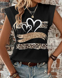 Leopard Print Heart Pattern Cap Sleeve T Shirt Casual Loose Fit Tank Top