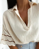 Polo Lace Hem Short Sleeve Blouse Casual Loose Fit Top