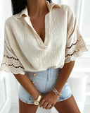 Polo Lace Hem Short Sleeve Blouse Casual Loose Fit Top
