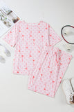 Pink Bow Knot Polka Dot Print Short Sleeve Top Lounge Set