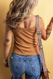 Straw Yellow Ribbed Front Knot Buttoned Thin Strap Tank Top