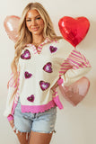 Pink Stripe Patchwork Sequin Heart Pattern Long Sleeve Collared Split Top