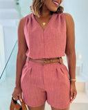 2 Pieces Summer Outfits V Neck Sleeveless Ruched Tank and Casual Pocket Design Shorts Set