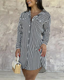 Striped Buttoned Long Sleeve Shirt Dress