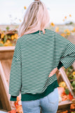 Green Stripe Chenille Lucky Letter Patched Drop Shoulder Long Sleeve Top