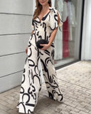 Abstract Print Tied Detail Wide Leg Jumpsuit