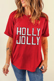 Red HOLLY JOLLY Letter Graphic Round Neck T Shirt