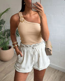 One Shoulder Goldren Decor Casual Slim Fit Ribbed Top