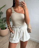 One Shoulder Goldren Decor Casual Slim Fit Ribbed Top