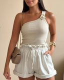 One Shoulder Goldren Decor Casual Slim Fit Ribbed Top