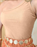 One Shoulder Goldren Decor Casual Slim Fit Ribbed Top