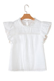 White Lace Neckline Flutter Sleeve Eyelets Blouse