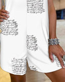 Letter Print V Neck Tied Detail Romper Casual Loose Fit Short Jumpsuit