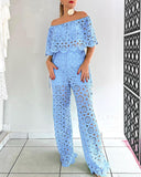 2 Piece Floral Pattern Off the Shoulder Batwing Sleeve Hollow out Top Straight Leg Pants Elegant Pants Set