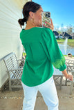 Green Contrast Floral Embroidered 3/4 Sleeve Notched V Neck Elegant Blouse